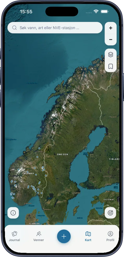 Kartet i MinFangst med hele Norge og Sverige, vann, elver og fiskearter