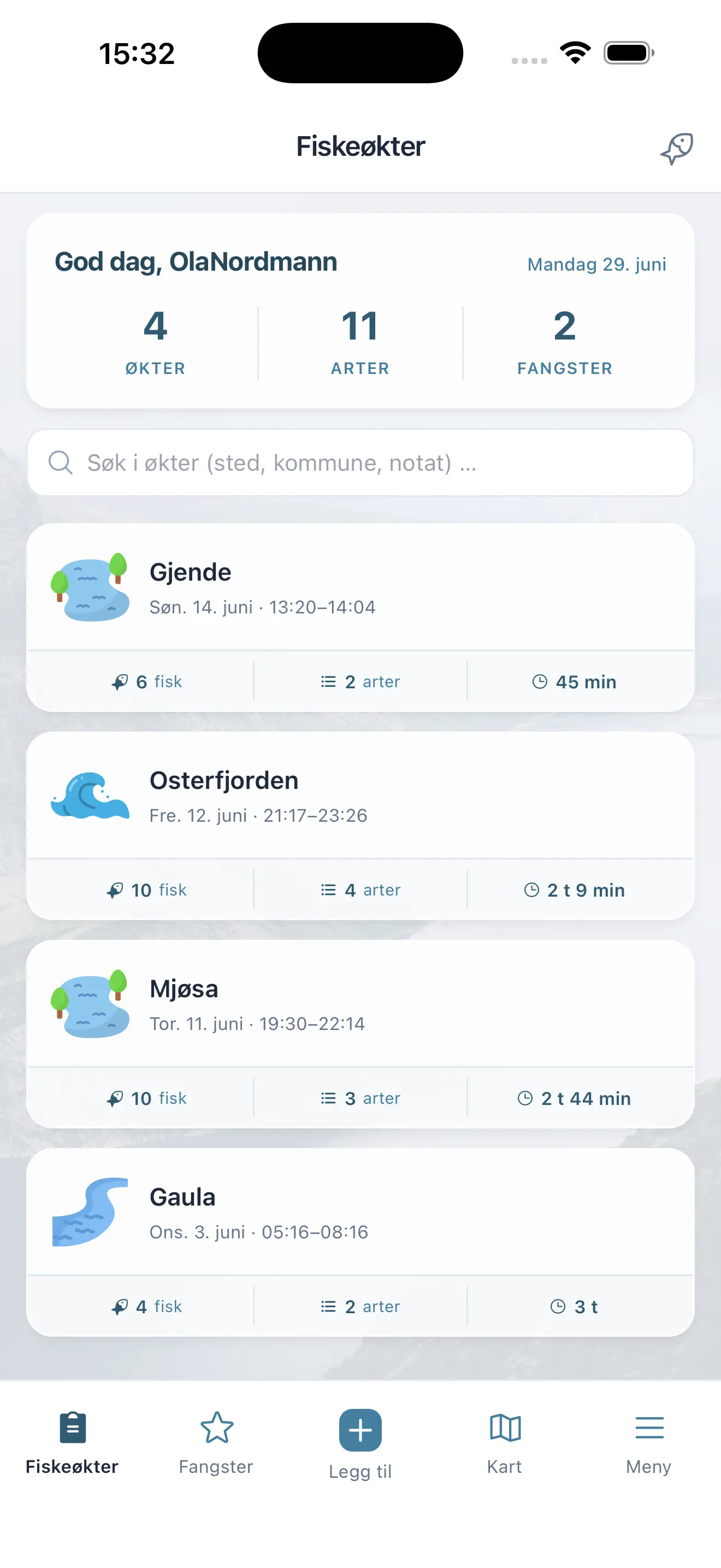 Skjermbilde av fiskeøkt-oversikten i MinFangst