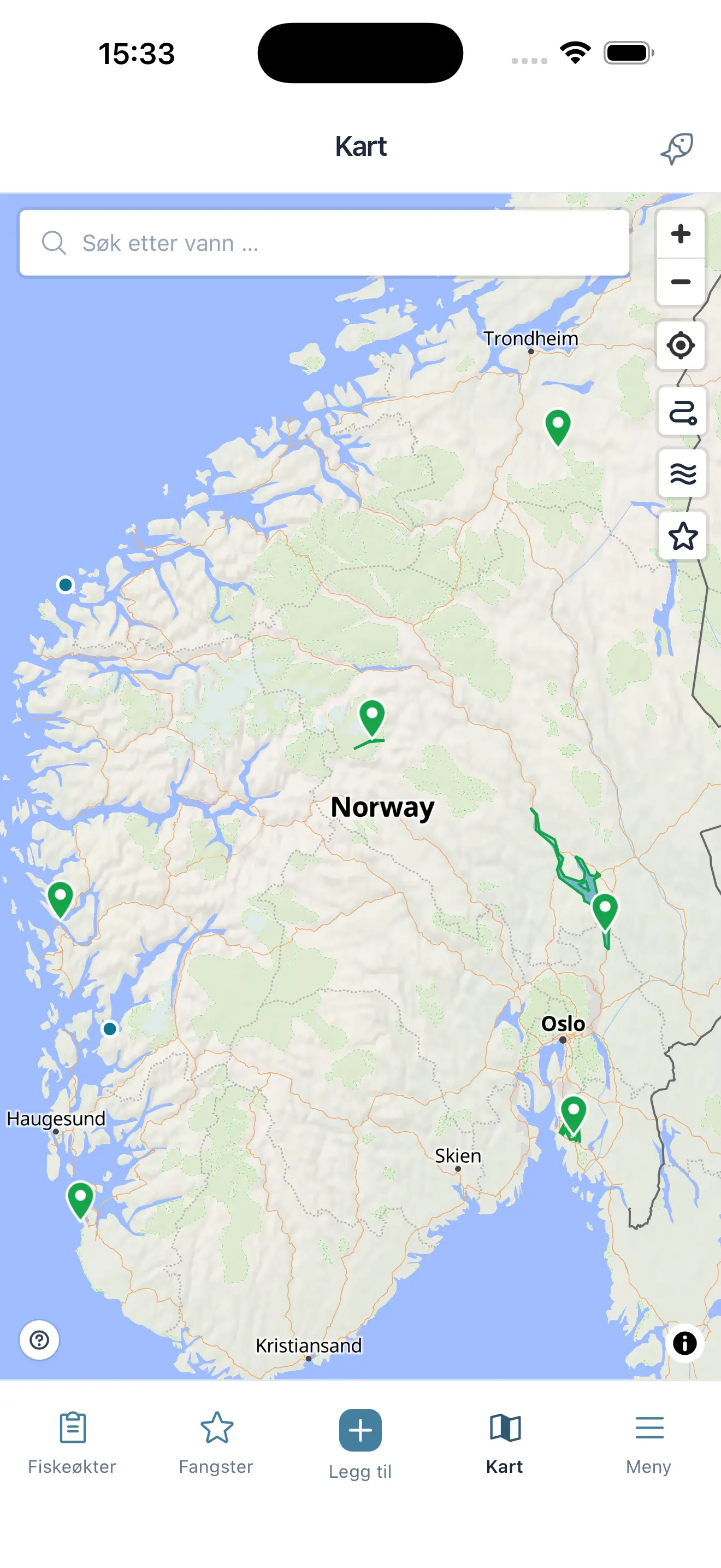 Skjermbilde av norgeskartet med fiskevann i MinFangst